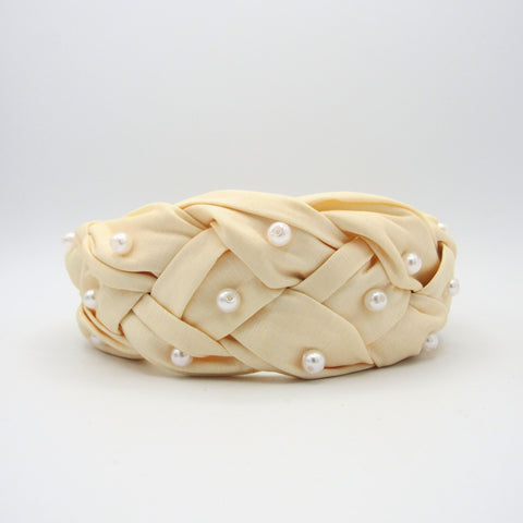 Beige Braided Weave Pearls Headband