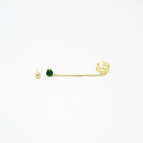 Green Crystal Studs Earrings +  Ear Cuff Golden