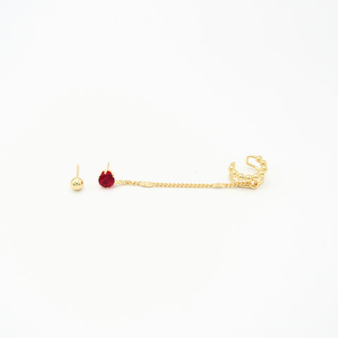 Red Crystal Studs Earrings +  Ear Cuff Golden