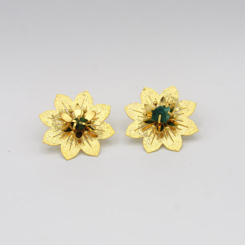 Emerald Lotus Flower Golden Studs Earrings