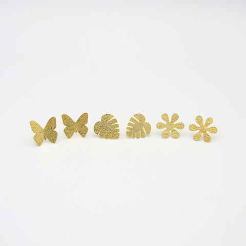 Butterfly, Leaf Taro And Flower Golden Studs Earrings