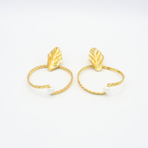 Hoops, Leaf And Pearl Golden Earrings