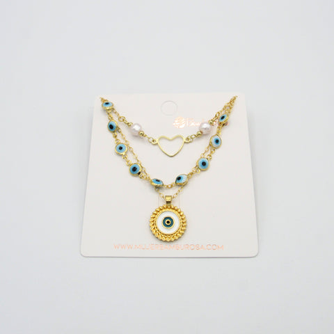 Turkish Eye And Heart Golden Chains Necklace