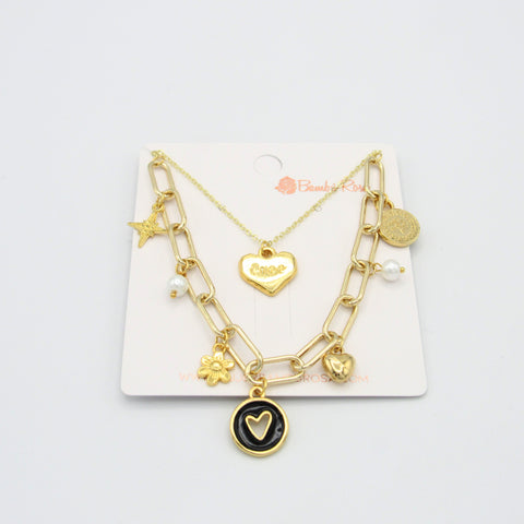 Black Heart Double Golden Chain Necklace