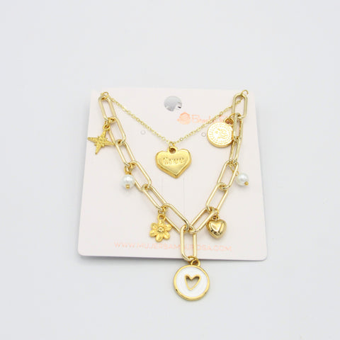 White Heart Double Golden Chain Necklace