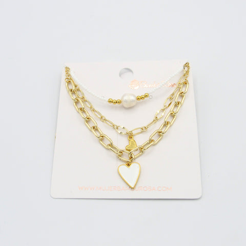 Pearl,Hearts 3 Golden Chains Necklace