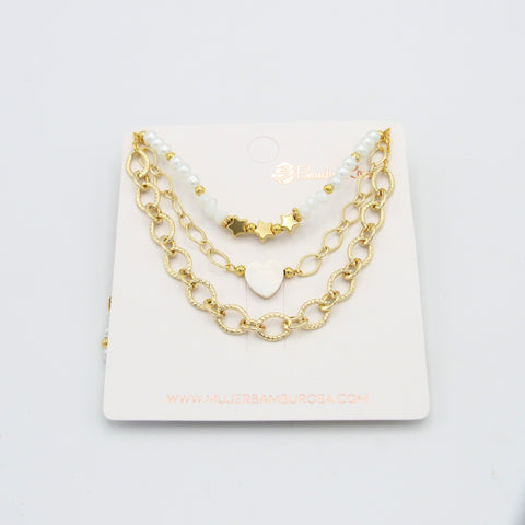 White Heart Triple Golden Chains Necklace