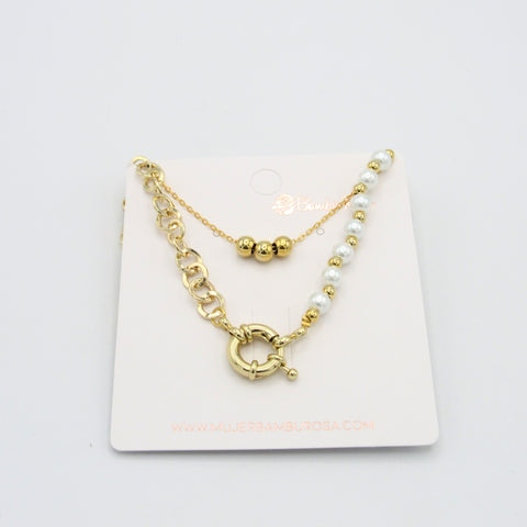 Double Pearl Chain Golden Necklace