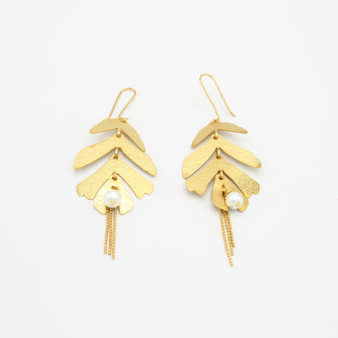 Articulated Leaf Pearl Golden Drop Earrings