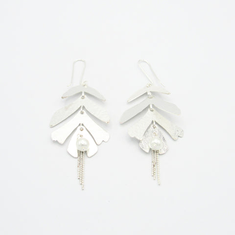 Articulated Leaf Pearl Silver-Tone Drop Earrings