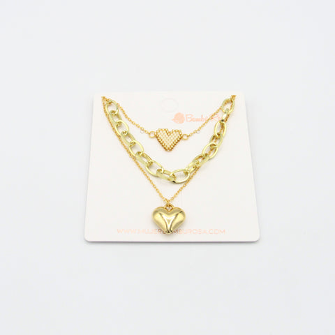 Miyuki Heart Triple Golden Chains Necklace