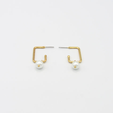 Pearl, Leaf, Fan Golden Square Hoops Earrings