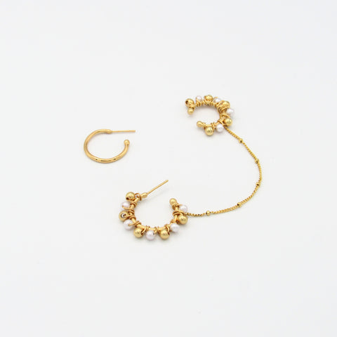 Twisted Balls Golden Hoops Earrings + Ear Cuff