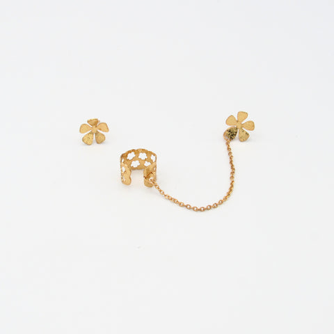 Flowers Golden Studs Earrings + Ear Cuff