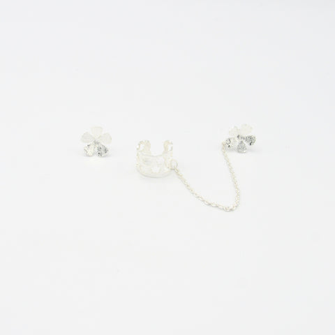 Flowers Silver-Tone Studs Earrings + Ear Cuff