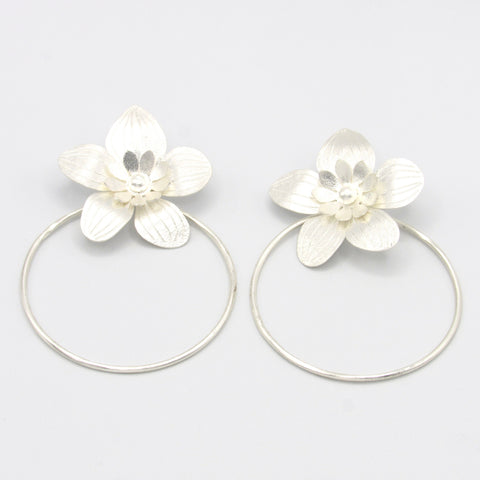 Flower And Hoop Earrings Connection Silver-Tone