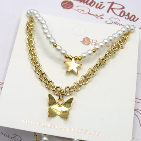 Double Butterfly And Star Golden Chain Necklace