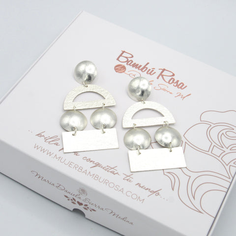 Rectangle And Circle Earrings Silver-Tone