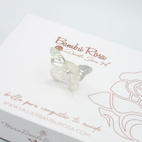 Big Butterfly With Pellet Silver-Tone Ring