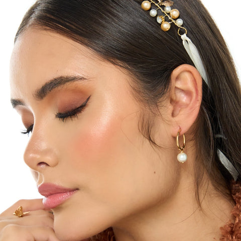 Pearl, Butterfly, Flower Golden Hoops Earrings