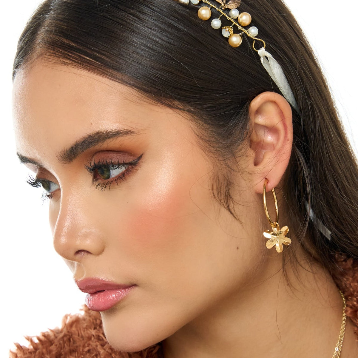 Pearl, Butterfly, Flower Golden Hoops Earrings