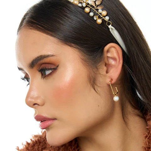 Pearl, Leaf, Fan Golden Square Hoops Earrings