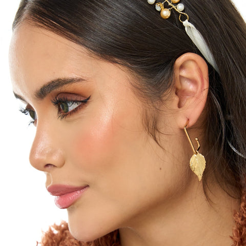 Pearl, Leaf, Fan Golden Square Hoops Earrings