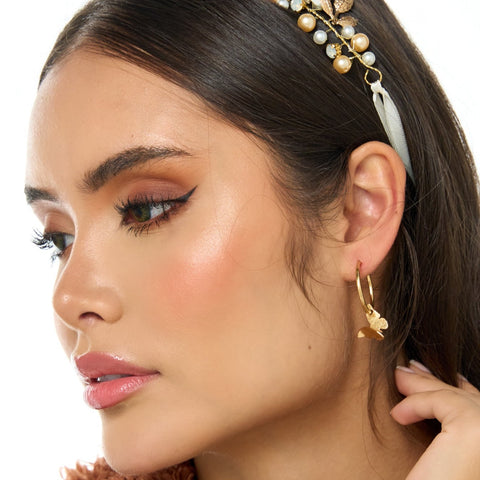 Pearl, Butterfly, Flower Golden Hoops Earrings