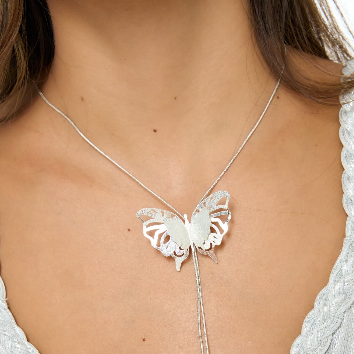 Adjustable Butterfly Musa Silver-Tone Necklace