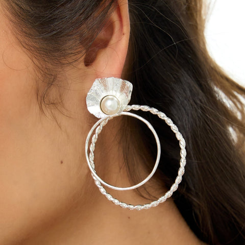 Hoops,Shells And Pearl Silver-Tone Earrings