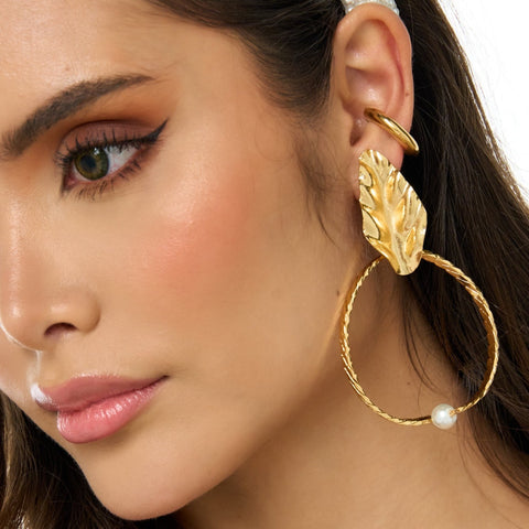 Hoops, Leaf And Pearl Golden Earrings