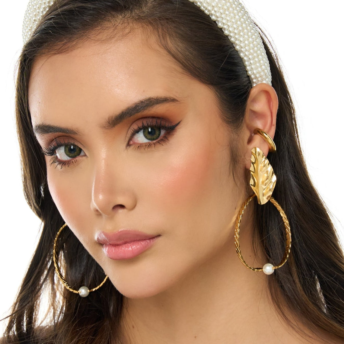 Hoops, Leaf And Pearl Golden Earrings