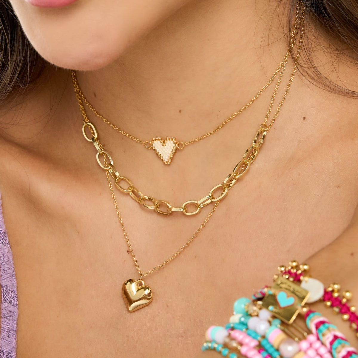 Miyuki Heart Triple Golden Chains Necklace