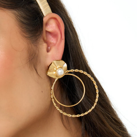 Hoops,Shells And Pearl Golden Earrings