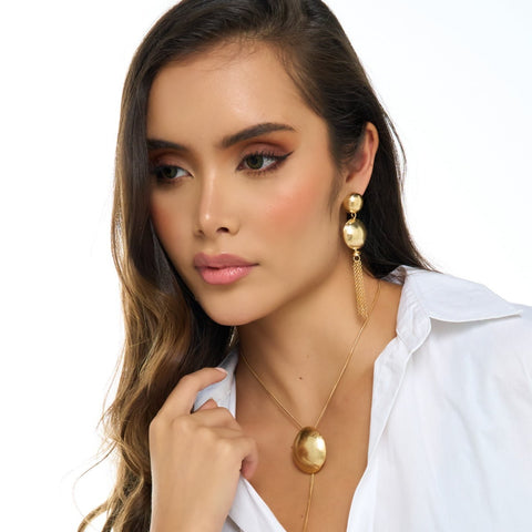 Double Ovals And Chains Golden Earrings