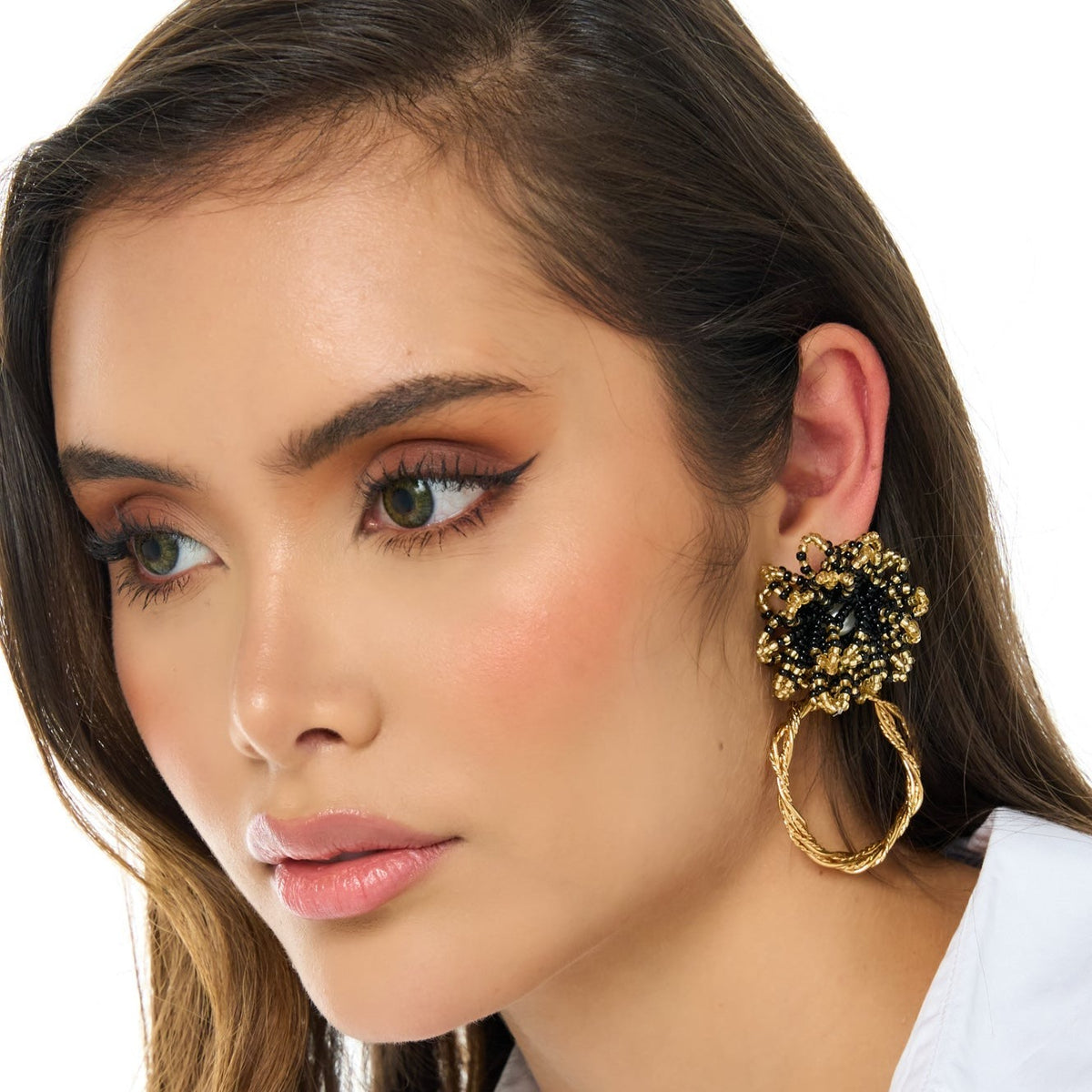 Woven Flower Pearl And Roots Golden Hoops Earrings