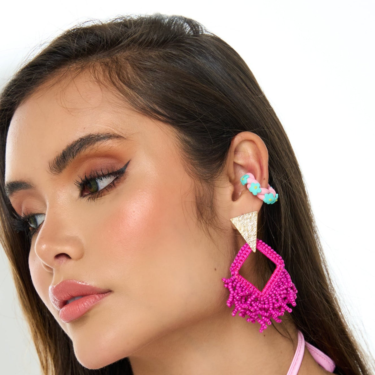 Woven Triangle Fuchsia Earrings