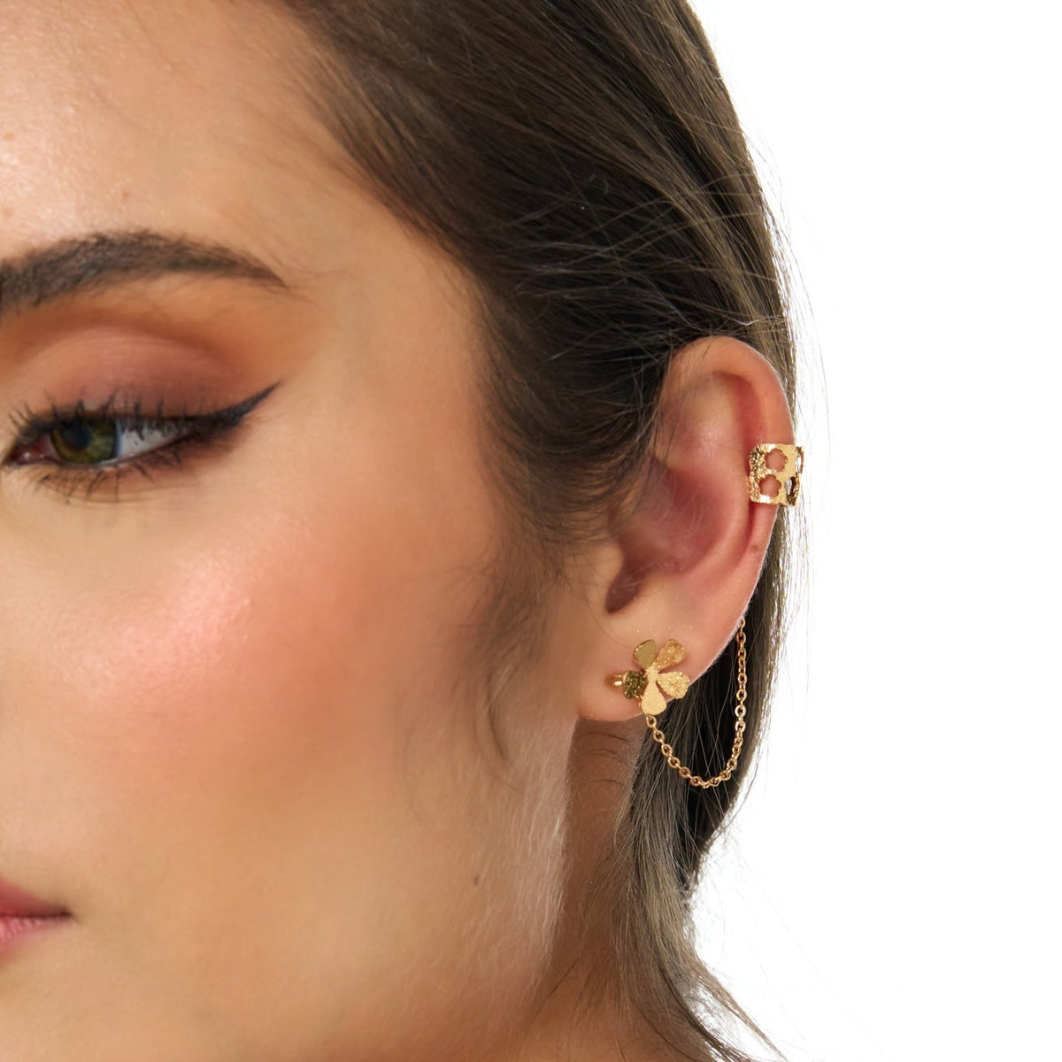 Flowers Golden Studs Earrings + Ear Cuff