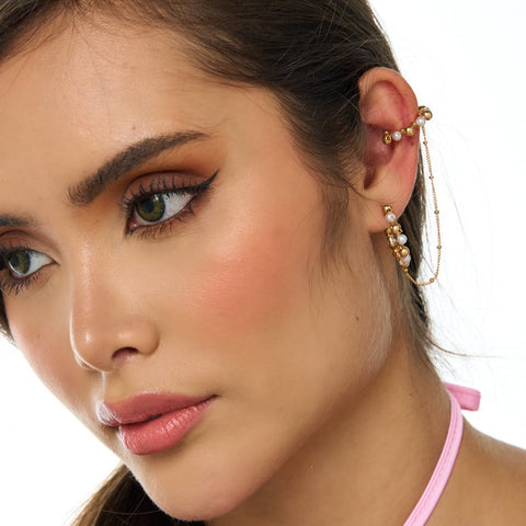 Twisted Balls Golden Hoops Earrings + Ear Cuff