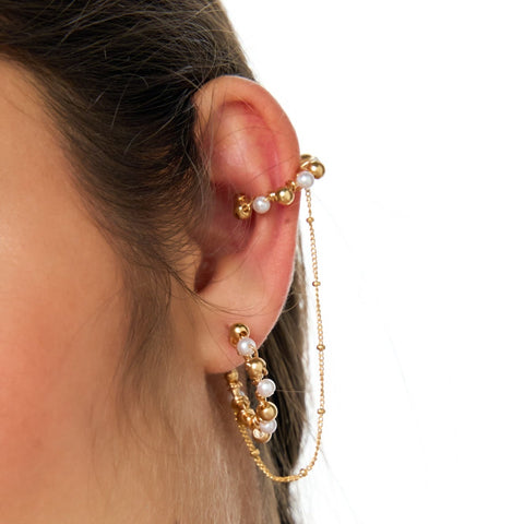 Twisted Balls Golden Hoops Earrings + Ear Cuff