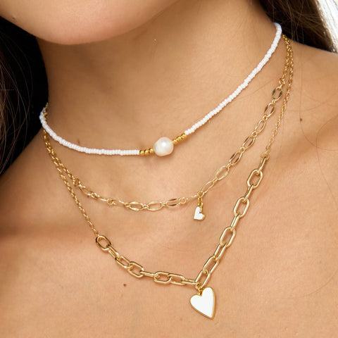 Pearl,Hearts 3 Golden Chains Necklace