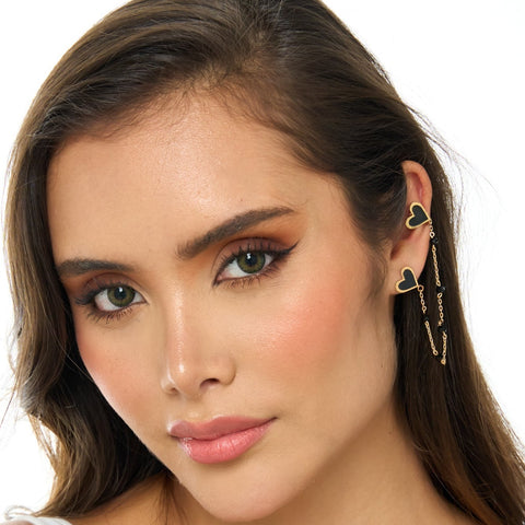 Black Heart Golden Studs Earrings + Ear Cuff