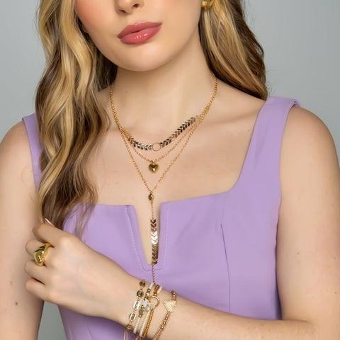 3 Necktie Style Heart Chain Golden Necklace