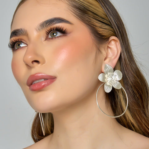 Flower And Hoop Earrings Connection Silver-Tone