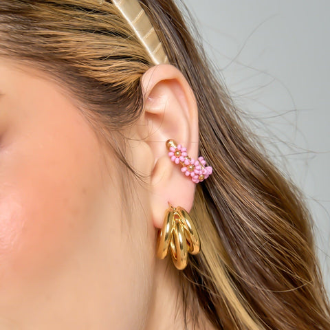 Pink Flowers Ear Cuff Connection Golden