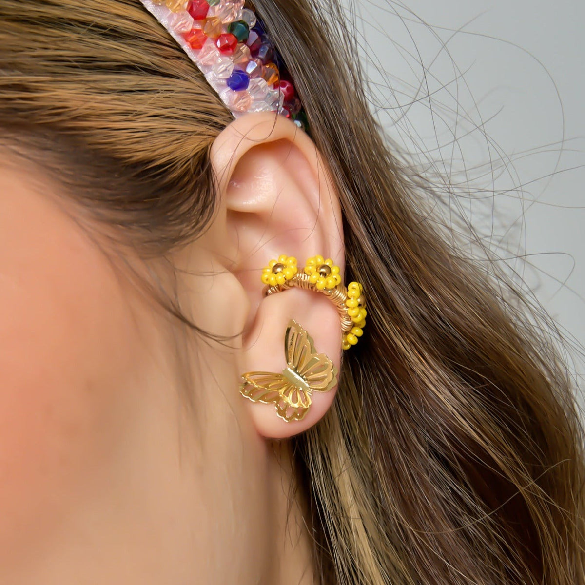 Yellow Flowers Ear Cuff Connection Golden