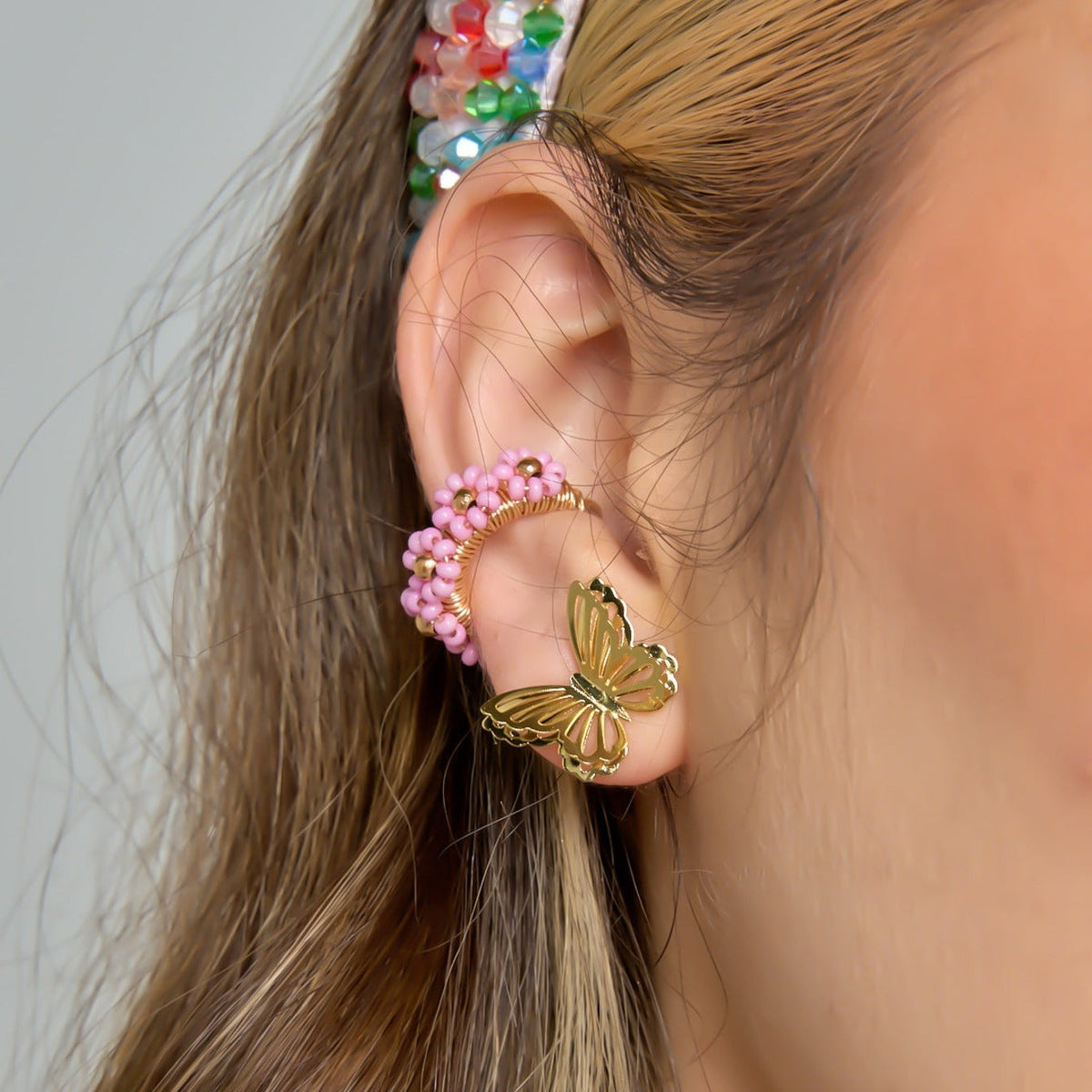 Pink Flowers Ear Cuff Connection Golden