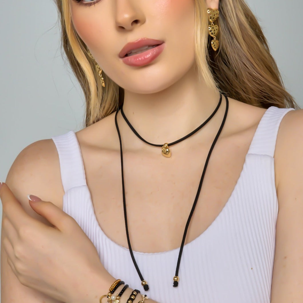 Gold Heart Cord Necktie Style Necklace