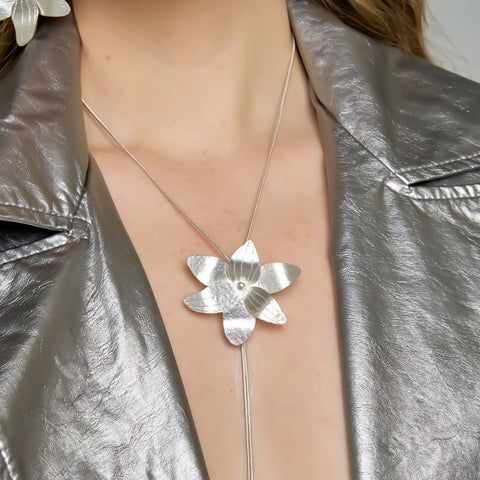 Orchid Flower Necktie Silver-Tone Necklace