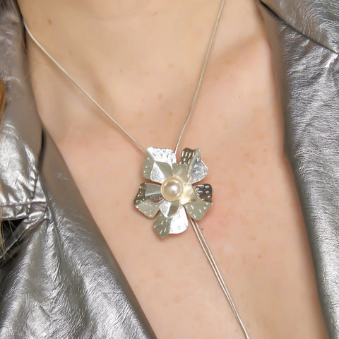 Connection Flower Necktie Silver-Tone Necklace